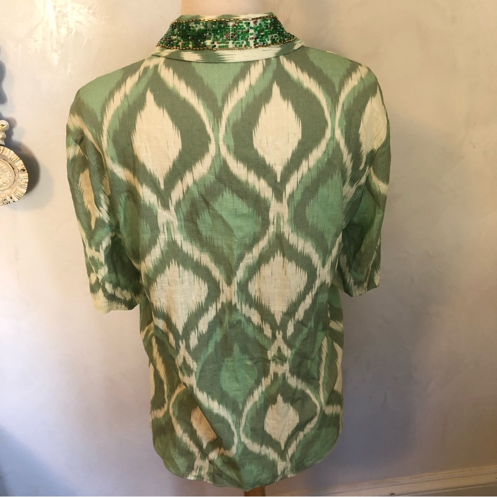 Zara Green & cream ikat pattern short sleeve w/beaded lapel collar Size Medium - Picture 7 of 14